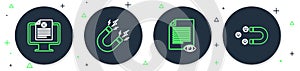 Set line Magnet with lightning, Paper page eye, Clinical record on monitor and Customer attracting icon. Vector