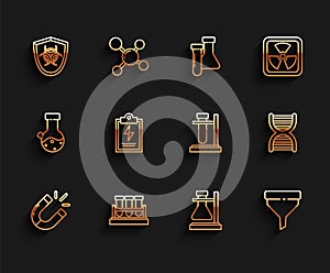 Set line Magnet, Test tube and flask chemical, Biohazard symbol on shield, stand, Funnel or filter, Laboratory clipboard