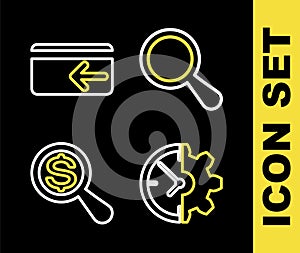 Set line Magnifying glass, Clock and gear, dollar and Cash back icon. Vector