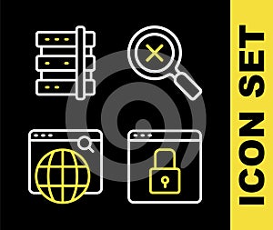 Set line Magnifying glass and delete, Secure your site with HTTPS, SSL, Search engine and Server icon. Vector