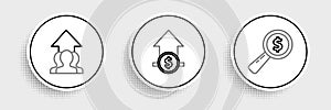 Set line Magnifying glass and dollar, Growth chart progress people crowd and Financial growth coin icon. Vector