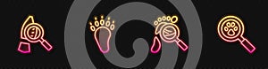 Set line Magnifying glass with footsteps, , Bear paw footprint and Paw search. Glowing neon icon. Vector