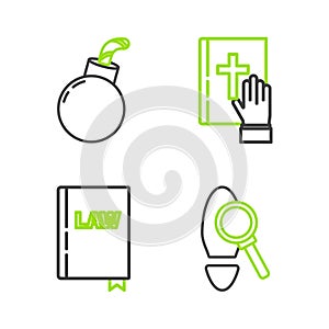 Set line Magnifying glass with footsteps, Law book, Oath on the Holy Bible and Bomb ready to explode icon. Vector