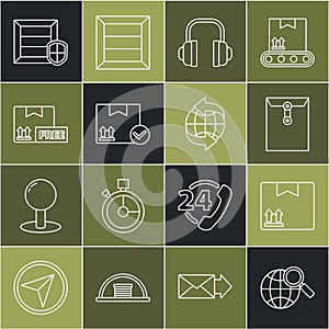 Set line Magnifying glass with globe, Cardboard box traffic symbol, Envelope, Headphones, Package check mark, free