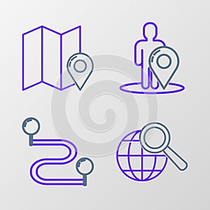 Set line Magnifying glass with globe, Route location, Map marker silhouette of person and Folded map icon. Vector