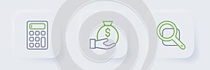 Set line Magnifying glass, Money bag and Calculator icon. Vector