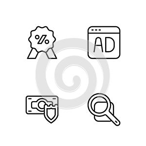 Set line Magnifying glass, Money with shield, Discount percent tag and Advertising icon. Vector