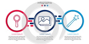 Set line Magnifying glass, Picture landscape and Magic wand. Business infographic template. Vector