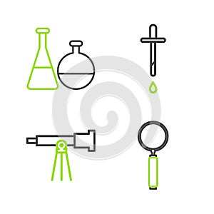 Set line Magnifying glass, Telescope, Pipette and Test tube and flask chemical laboratory icon. Vector