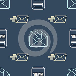 Set line Mail box, Express envelope and Envelope on seamless pattern. Vector