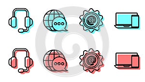 Set line Mail and e-mail, Headphones, World map made from speech bubble and Monitor and phone icon. Vector
