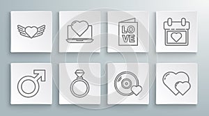 Set line Male gender symbol, Laptop with heart, Wedding rings, Romantic music, Heart, Valentines day party flyer