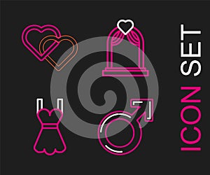 Set line Male gender symbol, Woman dress, Wedding arch and Two Linked Hearts icon. Vector