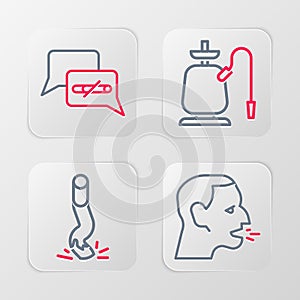 Set line Man coughing, Cigarette butt, Hookah and No smoking icon. Vector