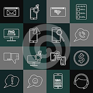 Set line Man with a headset, Coin money dollar, Speech bubble phone call, No Internet connection, Mobile exclamation
