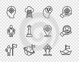 Set line Man holding flag, Folded paper boat, Hand, Moon with, Head hunting, Chess, Target and for search people icon