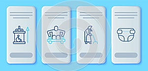 Set line Man without legs sitting wheelchair, Grandmother, Elevator for disabled and Adult diaper icon. Vector
