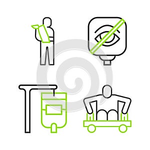 Set line Man without legs sitting wheelchair, IV bag, Blindness and Human broken arm icon. Vector