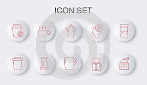 Set line Manual coffee grinder, Coffee cup to go, Teapot, Pour over maker, Aeropress and icon. Vector