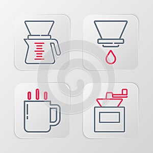 Set line Manual coffee grinder, Coffee cup, V60 maker and Pour over icon. Vector