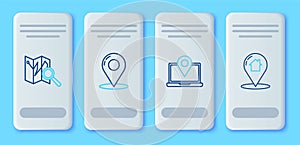 Set line Map pin, Laptop with location marker, Folded map and pointer house icon. Vector