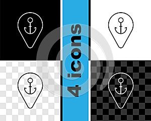 Set line Map pointer with anchor icon isolated on black and white, transparent background. Vector