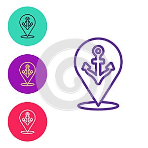 Set line Map pointer with anchor icon isolated on white background. Set icons colorful. Vector