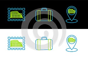 Set line Map pointer with Coliseum in Rome, Italy, Postal stamp and and Suitcase for travel icon. Vector