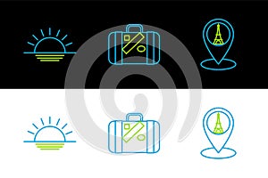 Set line Map pointer with Eiffel tower, Sunset and Suitcase for travel and stickers icon. Vector