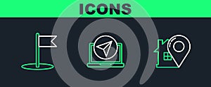 Set line Map pointer with house, Flag and Infographic of city map navigation icon. Vector