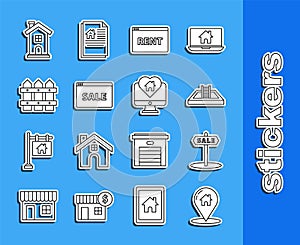 Set line Map pointer with house, Hanging sign text Sale, Swimming pool ladder, Online Rent, Garden fence wooden, Home