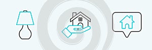 Set line Map pointer with house, Table lamp and Realtor icon. Vector