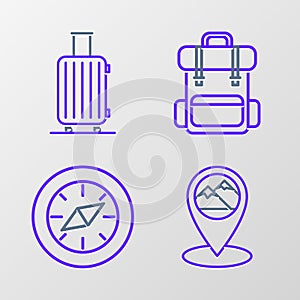 Set line Map pointer with mountain, Compass, Hiking backpack and Suitcase for travel icon. Vector