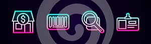 Set line Market store, Barcode, Magnifying glass and Identification badge. Glowing neon icon. Vector