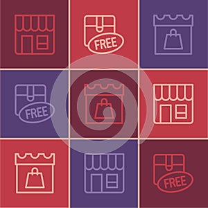 Set line Market store, Shopping day and Cardboard box with free symbol icon. Vector