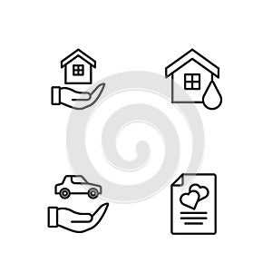 Set line Marriage contract, Car insurance, House hand and flood icon. Vector