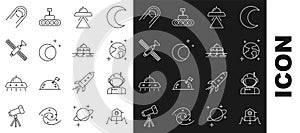 Set line Mars rover, Astronaut, Earth globe, UFO flying spaceship, Moon and stars, Satellite, and icon. Vector