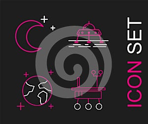 Set line Mars rover, Earth globe, and Moon and stars icon. Vector