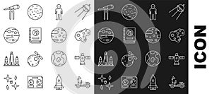 Set line Mars rover, Satellite, Asteroid, Alien, Book by astronomy, Planet, Telescope and dish icon. Vector