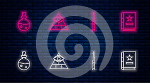 Set line Masons, Magic wand, Bottle with love potion and Ancient magic book. Glowing neon icon on brick wall. Vector