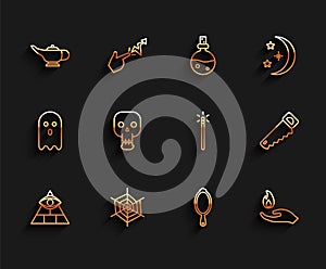 Set line Masons, Spider web, Magic lamp or Aladdin, hand mirror, Hand holding fire, Skull, saw and wand icon. Vector