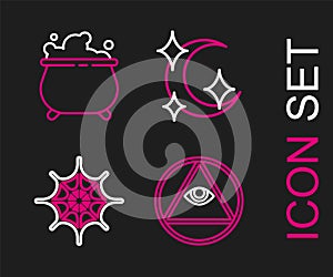 Set line Masons, Spider web, Moon and stars and Witch cauldron icon. Vector