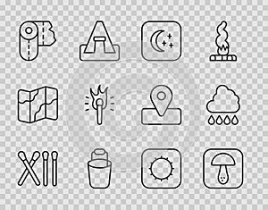 Set line Match stick, Mushroom, Moon and stars, Bucket, Paper towel roll, Torch flame, Sun and Cloud with rain icon
