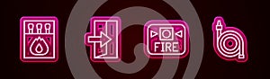 Set line Matchbox and matches, Fire exit, alarm system and hose reel. Glowing neon icon. Vector