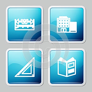 Set line Measuring height and length, Hotel building, Triangular ruler and Open book icon. Vector