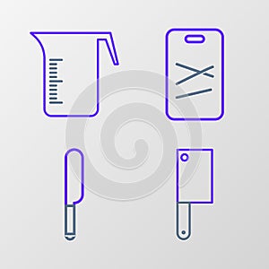 Set line Meat chopper, Knife, Cutting board and Measuring cup icon. Vector