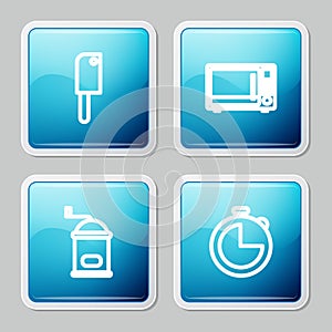 Set line Meat chopper, Microwave oven, Manual coffee grinder and Kitchen timer icon. Vector