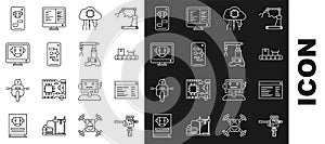Set line Mechanical robot hand and screwdriver, Software, web developer programming code, Conveyor belt with cardboard