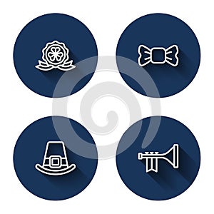 Set line Medal with clover, Bow tie, Leprechaun hat and Trumpet with long shadow. Blue circle button. Vector