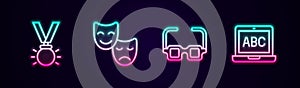 Set line Medal, Comedy and tragedy masks, Glasses and Laptop. Glowing neon icon. Vector